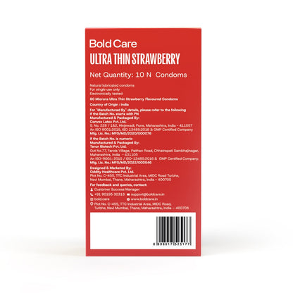 404 by Bold Care Super Ultra Thin Strawberry Flavored Condoms For Men | 60 Microns | 10 Units | Intense Fit with a Barely There Feel | With Disposable Pouches