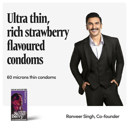 404 by Bold Care Super Ultra Thin Strawberry Flavored Condoms For Men | 60 Microns | 10 Units | Intense Fit with a Barely There Feel | With Disposable Pouches